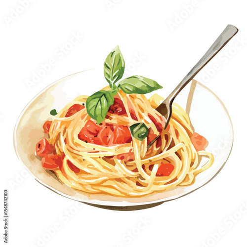 Vibrant Watercolor Dish of Spaghetti with Tomato Sauce and Basil