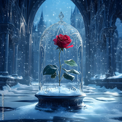 Fairytale Frozen Red Rose in Glass Dome with Glistening Ice Crystals