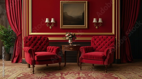 Elegant living room with two red velvet armchairs, gold accents, rich curtains, a floral arrangement, and classic wall art in a luxurious setting.