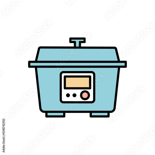 青色の電気鍋を描いたベクターアイコン。白背景で使いやすい調理家電のシンプルでかわいいイラスト。スロークッカーや自炊に使える家庭用調理器具素材｜電気鍋,調理家電,スロークッカー,家庭用,キッチン