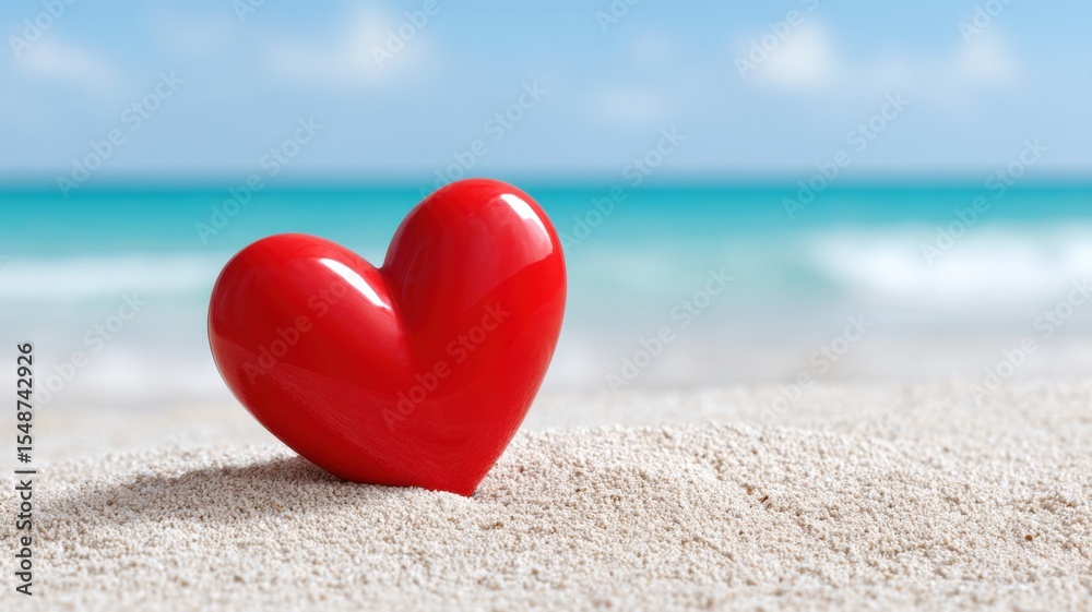 Red heart on sandy beach with ocean in background, symbolizing love and tranquility. Red heart on sandy beach with ocean in background, symbolizing love and tranquility.