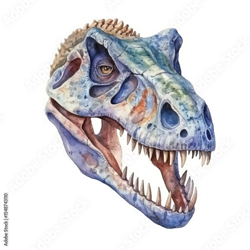 Vibrant Watercolor Tyrannosaurus Rex Skull Open Jaw Detailed View