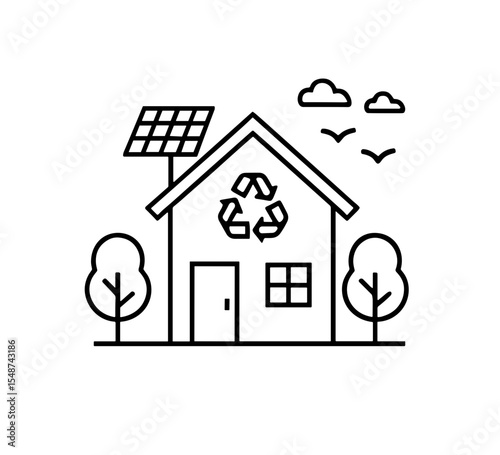 Line drawing of a house with solar panel, recycle symbol, trees, and birds in the sky above it all