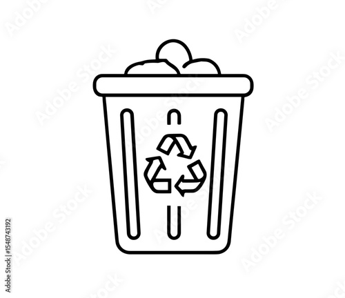 Outline drawing of a recycling bin filled with crumpled paper and a recycling symbol on the side of it