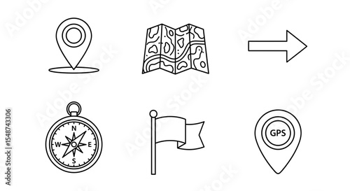 Outlined navigation icons including a map, compass, flag, gps location and direction arrow icon set