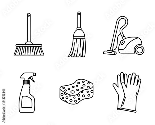 Assortment of cleaning tools including brooms, vacuum, spray bottle, sponge, and gloves are shown