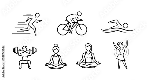 Line drawings depicting various athletic activities including running cycling and swimming exercises and yoga poses