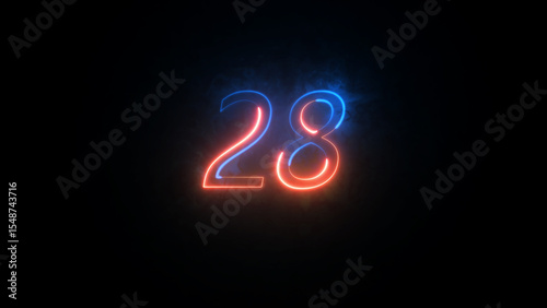 Neon countdown number background illustration 4k. Number 28 on dark background. 3D illustration