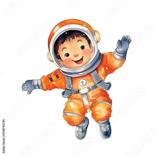 Watercolor Astronaut Boy Floating with Joyful Expression and Orange Spacesuit