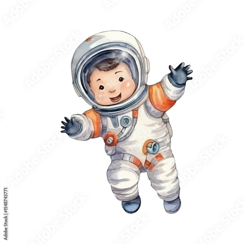 Watercolor Astronaut Child Floating with Joyful Expression and Open Arms