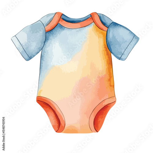 Watercolor Baby Onesie with Blue Sleeves and Orange Trim Illustration
