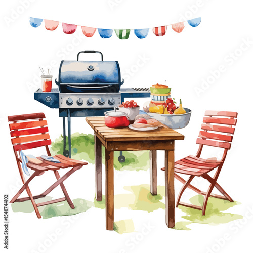 Watercolor BBQ Scene with Grill Table Chairs Food and Festive Bunting