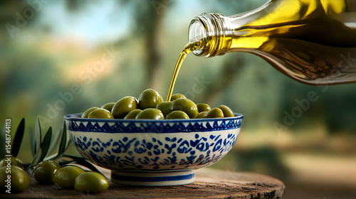 Golden olive oil pours into a bowl of fresh olives.  A beautiful scene of natural goodness.