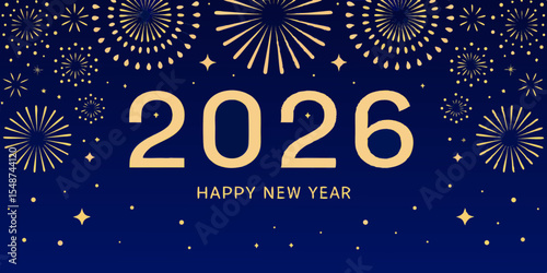 Happy New Year 2026 Celebration with Golden Fireworks on Dark Blue Background