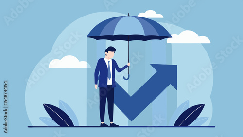 Businessman with umbrella protecting rising arrow financial safety and investment insurance concept