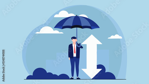 Businessman with Umbrella Protecting from Market Fluctuations and Economic Downturns