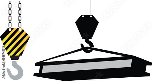 Construction crane lifting a reinforced concrete beam with a yellow and black hook