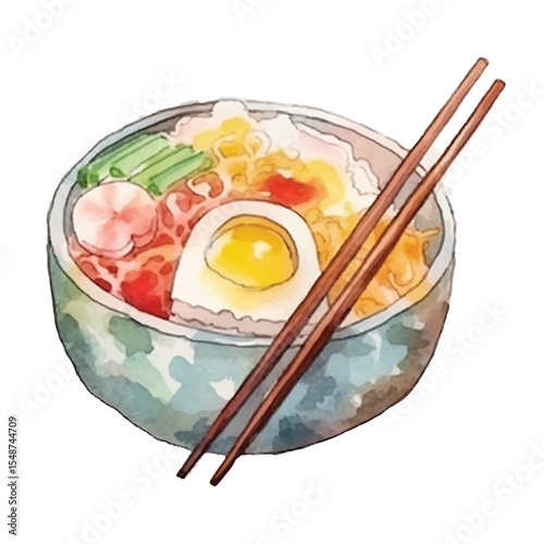 Watercolor Bibimbap Bowl with Egg Yolk and Wooden Chopsticks
