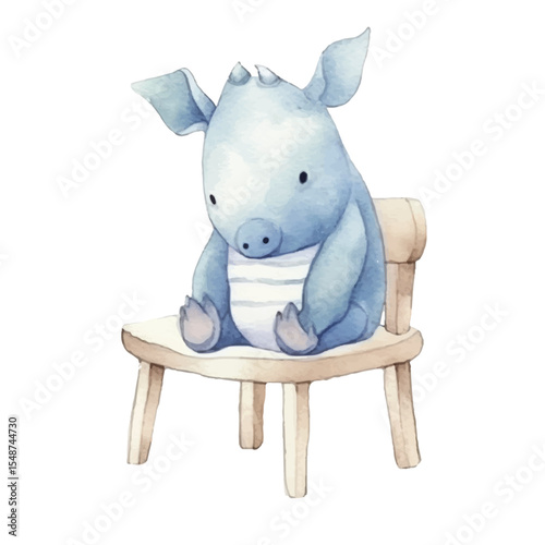 Watercolor Blue Dragon Plush Sitting on a Light Wooden Chair