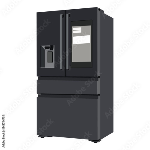 Modern smart refrigerator with touchscreen display and water dispenser in matte black finish
