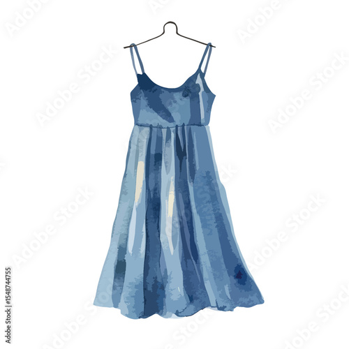 Watercolor Blue Dress Hanging on a Simple Black Hanger