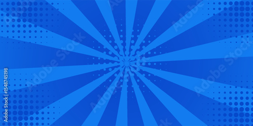 Blue comic sunburst effect background with halftone. Pop art comic-style vector background. Suitable for templates, sale banners, events, ads, web and pages