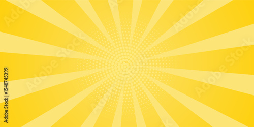 Yellow abstract background with light of sunburst. yellow starburst with halftone. sun ray retro background with flash