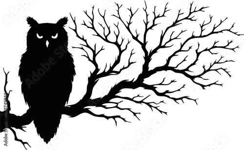 silhouette owl sitting on bare tree branch vector style on white background