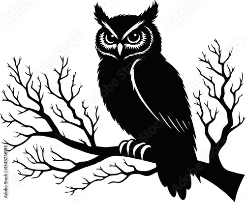 silhouette owl sitting on bare tree branch vector style on white background