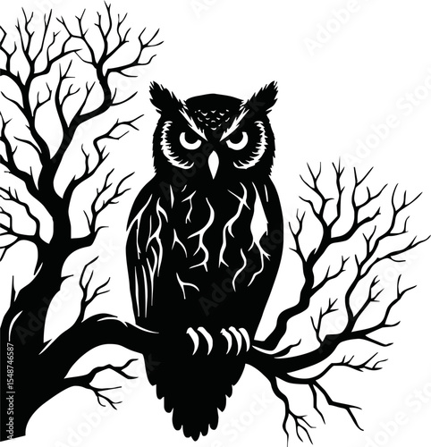 silhouette owl sitting on bare tree branch vector style on white background