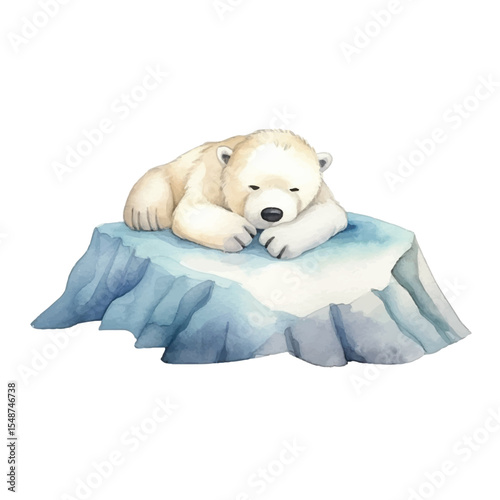 Watercolor depiction of a sleeping polar bear resting on an iceberg