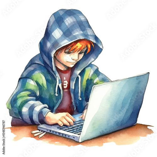 Watercolor depiction of a hooded person intently using a laptop