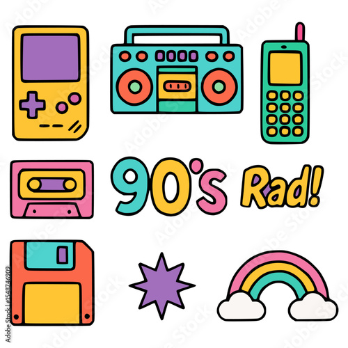 90's vibe sticker set vintage retro flat color vector illustration template design