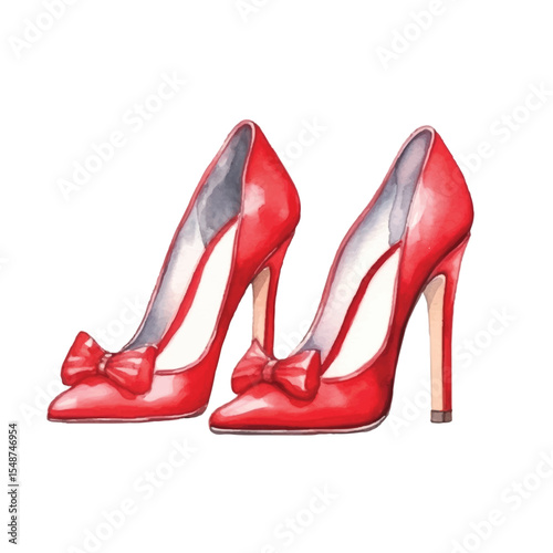 Watercolor depiction of elegant red high heels with bow accents side view (1)