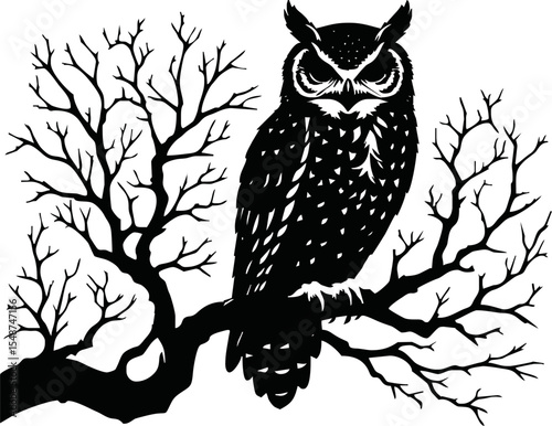 silhouette owl sitting on bare tree branch vector style on white background