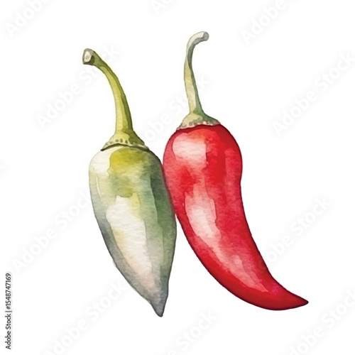 Watercolor depiction of two vibrant chili peppers one green one red