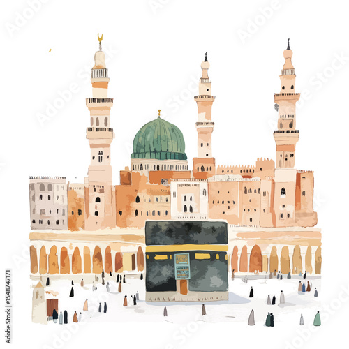 Watercolor depiction of the Kaaba and surrounding mosque complex with minarets