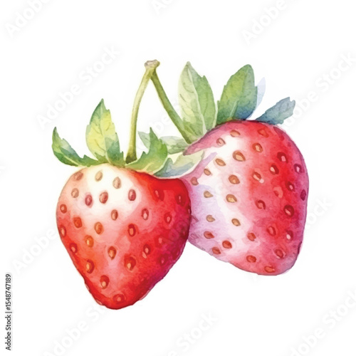 Watercolor depiction of two ripe strawberries with green leaves and stems
