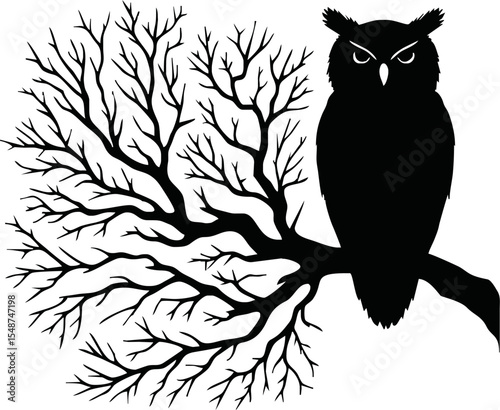 silhouette owl sitting on bare tree branch vector style on white background