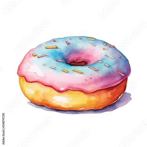 Watercolor Donut with Blue Pink and Yellow Sprinkles and Orange Base