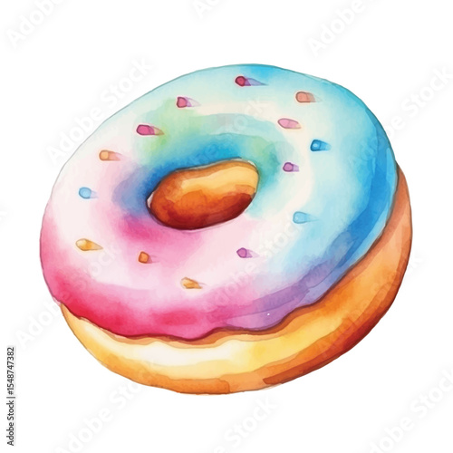 Watercolor Donut with Colorful Icing and Sprinkles Artistic Food Illustration