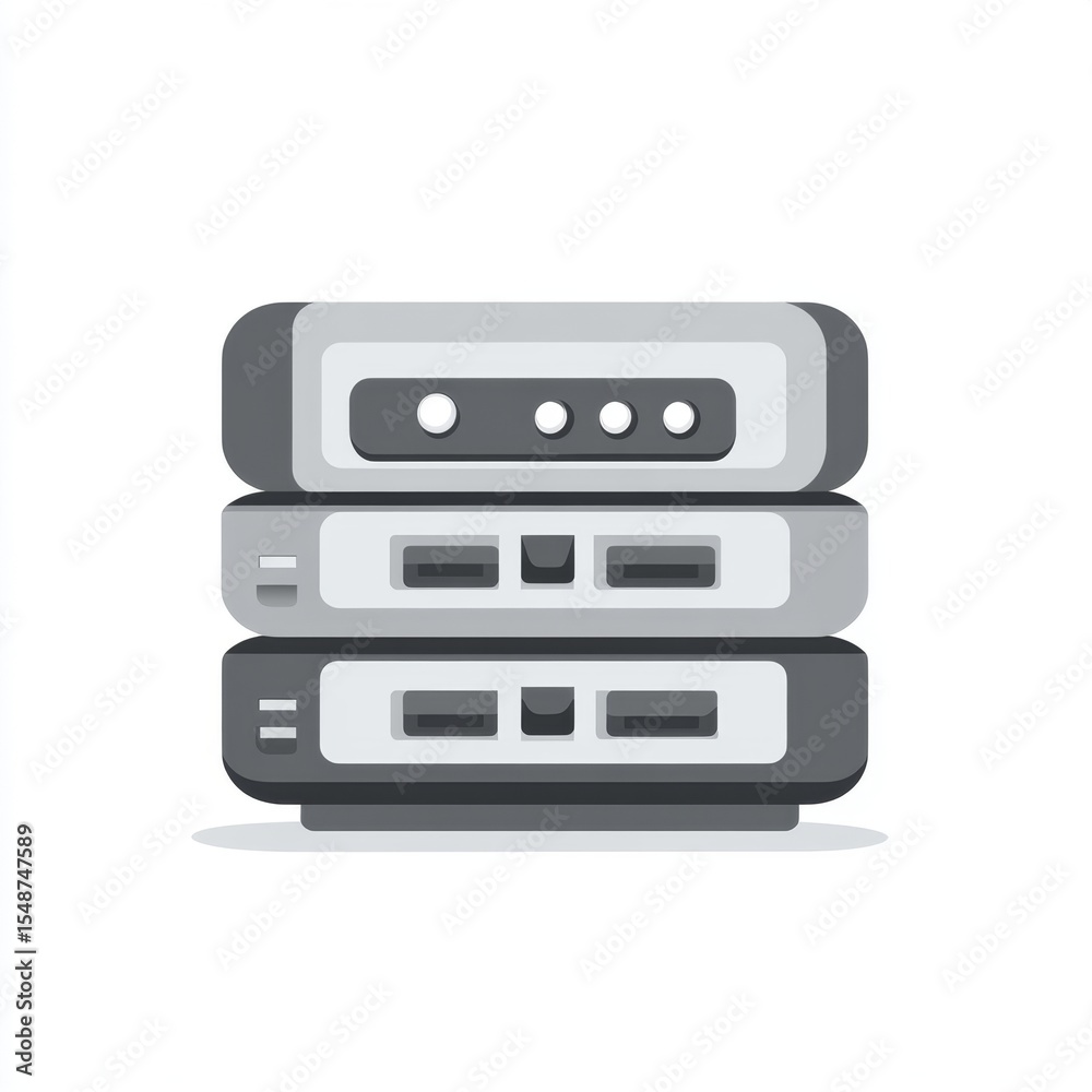 Modern server stack illustration with three levels, featuring buttons and slots for data storage and cloud computing representation Modern server stack illustration with three levels, featuring buttons and slots for data storage and cloud computing representation