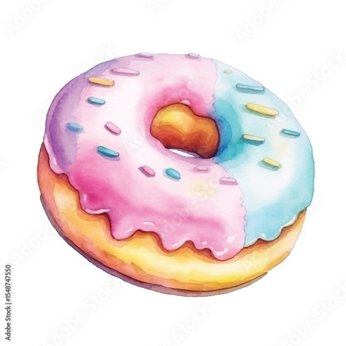 Watercolor Donut with Pink and Blue Glaze Sprinkles