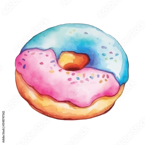 Watercolor Donut with Pink and Blue Icing Sprinkles and a Hole