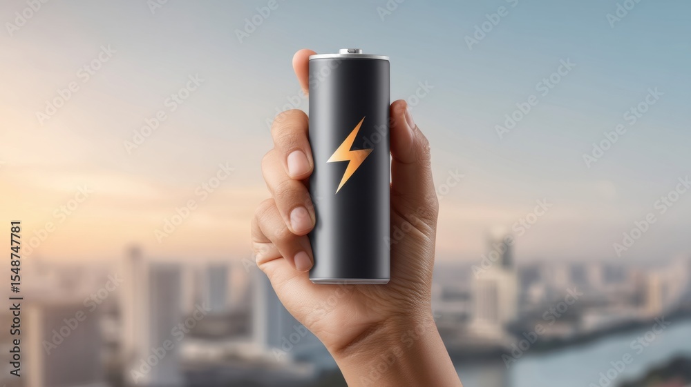 Fototapeta premium Battery storage charging innovation. A hand holds a battery with a lightning bolt symbol against a city skyline backdrop.