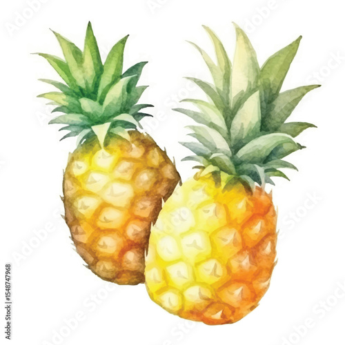 Watercolor Duo of Golden Pineapples with Lush Green Crowns