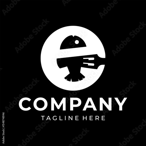Food logo design that combines the letter e with a fish and fork, using white.