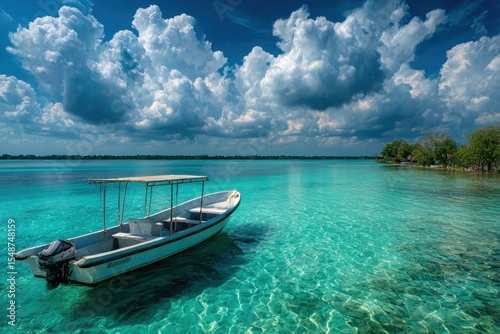 Tranquil boat on turquoise lagoon