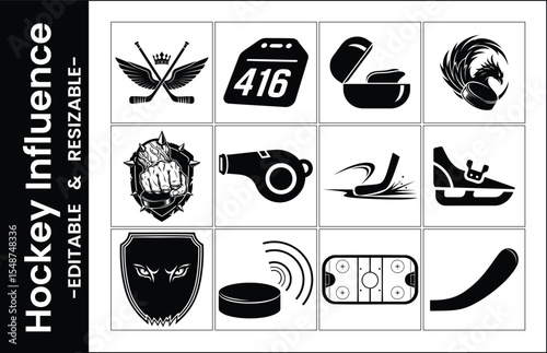Black And White Hockey Icon Set Vector Illustration Featuring Hockey Equipment And Team Symbols For Design And Decoration