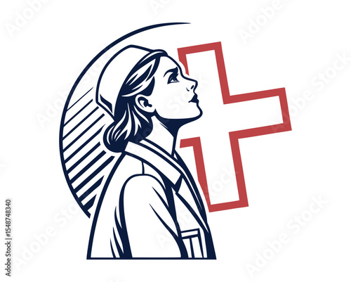 Nursing Icon: A dedicated nurse, stands tall and exudes a spirit of compassion and healing in an inspiring, illustrative style.